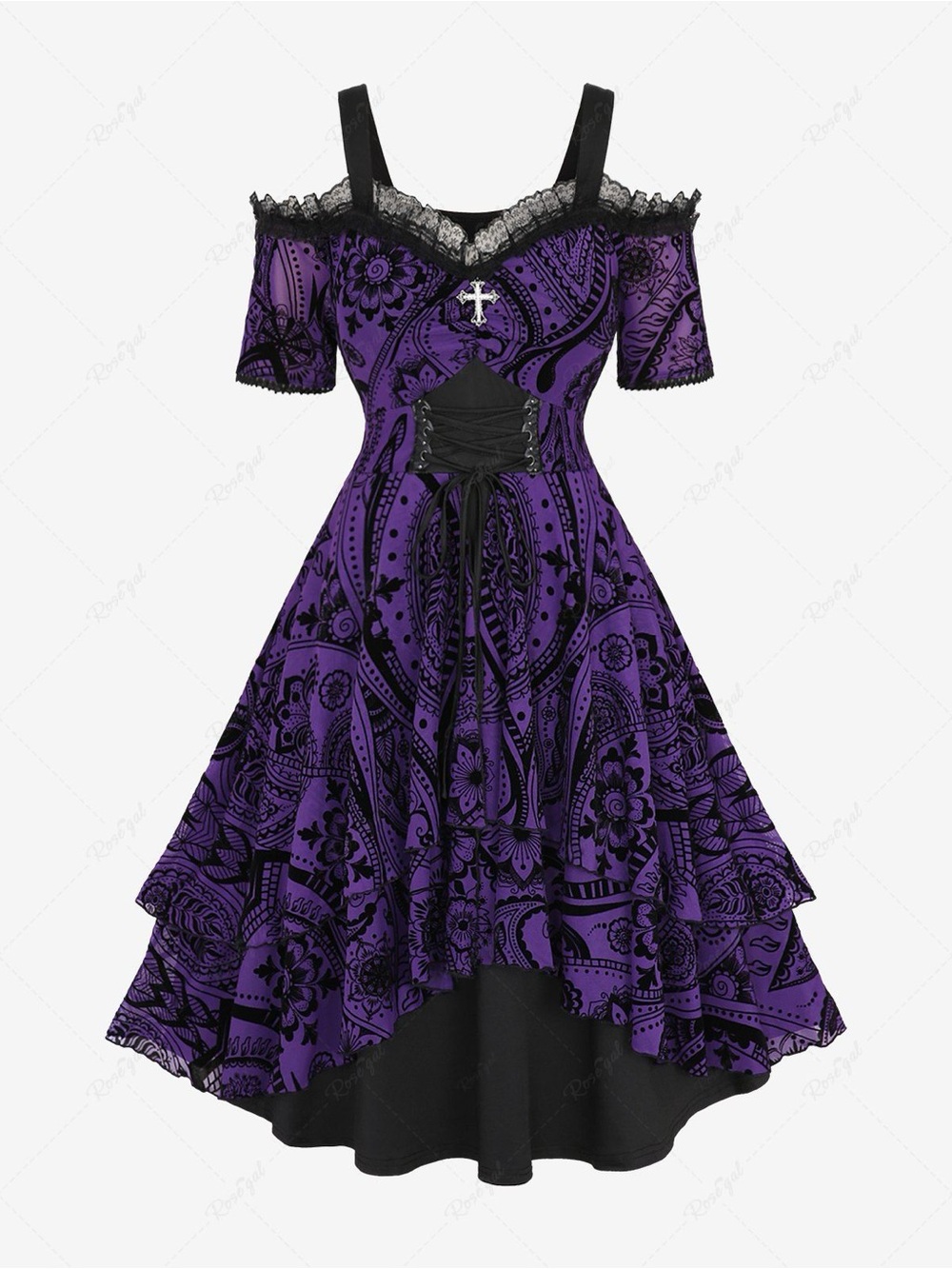 Rosegal Off Shoulder Black Purple Gothic Flowy Medieval Halloween Midi Dress 4X - Picture 2 of 16